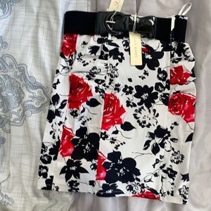 Red & black floral skirt, with ruching.